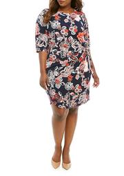 Plus Size 3/4 Sleeve Side Tie Floral Print Dress