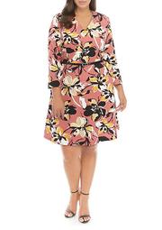 Plus Size Belted 3/4 Sleeve Dress