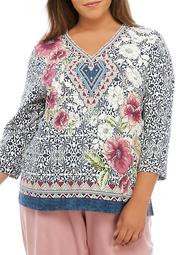 Plus Size Batik Yoke Floral Knit Top