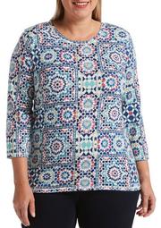 Plus Size Moroccan Tile Printed 3/4 Sleeve Crew Neck T-Shirt