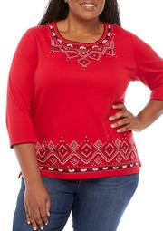 Plus Size Diamond Embroidered Boarder Knit Top