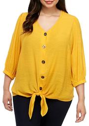 Plus Size 3/4 Sleeve Button Down Textured Tie Front Top