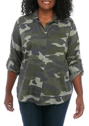 Plus Size Long Sleeve Camouflage Woven Top