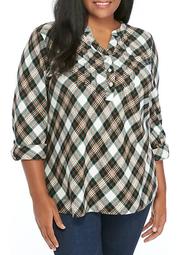 Plus Size Roll Tab Sleeve Flannel Popover Top