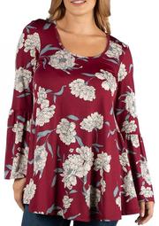 Plus Size Scoop Neck Bell Sleeve Floral Swing Tunic Top