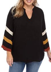 Plus Size Color Block Bell Sleeve Peasant Top