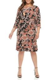 Plus Size 3/4 Sleeve Puff Print Dress with Flounce Hem