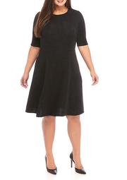 Plus Size Short Sleeve Textured Solid Fit and Flare Dress