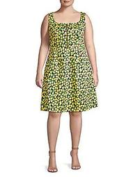 Plus Lemon-Print Stretch-Cotton A-Line Dress