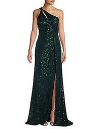 Draped Sequin One-Shoulder Gown