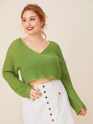 Plus Drop Shoulder Surplice Neck Crop Sweater