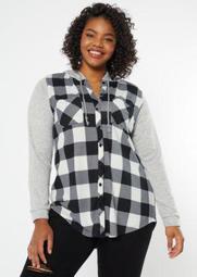 Plus Checkered Plaid Print Colorblock Hooded Shirt