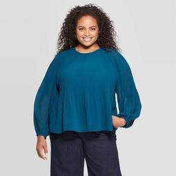 Women's Plus Size Long Sleeve Blouse - A New Day™ Blue