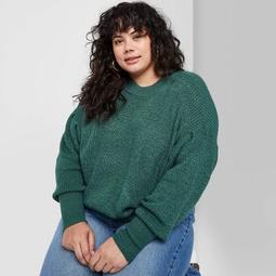 Women's Plus Size Crewneck Voluminous Sleeve Sweater - Wild Fable™ Green Pine