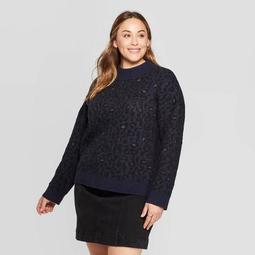 Women's Plus Size Leopard Print Mock Turtleneck Pullover Sweater - Universal Thread™ Navy