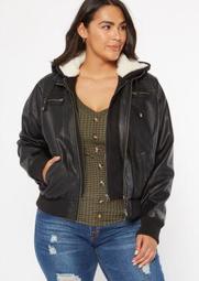Plus Black Sherpa Lined Hooded Faux Leather Jacket