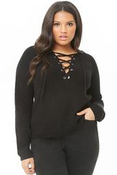 Plus Size Lace-Up Hooded Sweater