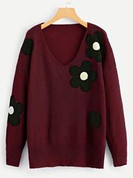 Plus Drop Shoulder Floral Embroidered Sweater
