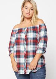 Plus Red Plaid Off The Shoulder Roll Tab Sleeve Top