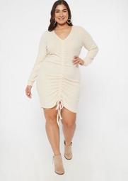 Plus Oatmeal Ruched Front Sweater Dress