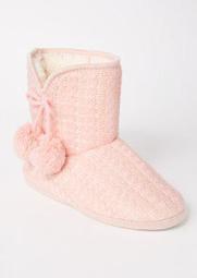 Pink Cable Knit Pom Bootie Slippers