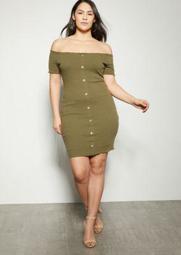 Plus Olive Off The Shoulder Buttoned Front Ribbed Dress
