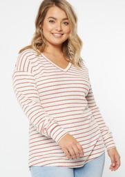 Plus Ivory Striped Crew Neck Waffle Knit Top