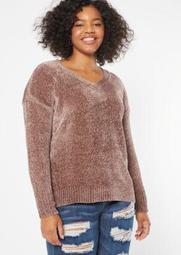 Plus Dark Taupe V Neck Chenille Sweater