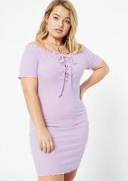 Plus Lavender Ribbed Knit Lace Up Bodycon Dress