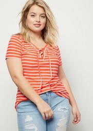 Plus Coral Striped Super Soft Lace Up Tee