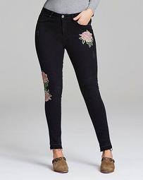 Rose Embroidered Skinny Jeans with Let-Down Hem