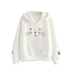 Fysho Women Plus Velvet Pullover Sweater Hoodie Cute Cat Print Long Sleeve Casual Warm Winter Autumn Loose Tops