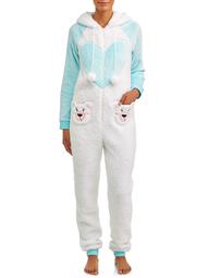 Holiday Time Jammers Womens and Womens Plus Faux Fur-Trimmed Winter Union Suit Bear