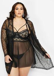 Lace Open Front Long Sleeve Robe