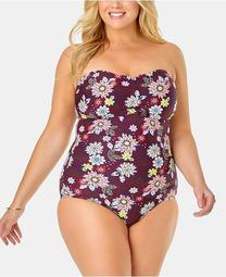 Plus Size Printed Shirred Bandeau One-Piece Swimsuit