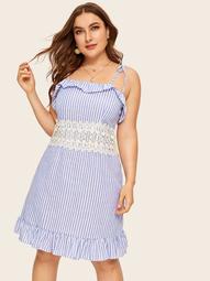 Plus Striped Lace Panel Ruffle Trim Cami Dress