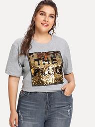 Plus Letter Sequin Contrast Tunic Tee
