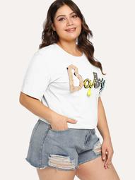 Plus Pearl And Tassel Applique Letter Tee
