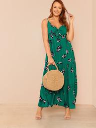 Plus Leaf Print Front Tie Knot Maxi Dress with Shirred Waist Detail GREEN