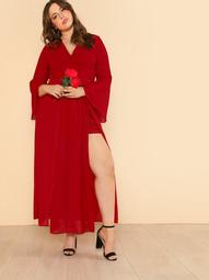 Plus Deep V Bell Sleeve Maxi Dress with Shorts Underneath RED
