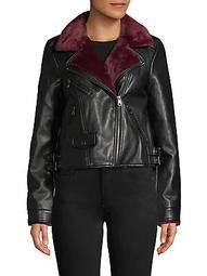 Faux Fur-Lined Faux Leather Jacket
