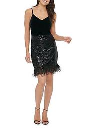 Sequin Feather-Trimmed Velvet Sheath Dress