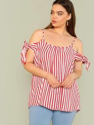 Plus Cold Shoulder Striped Top with Tie Sleeves RED WHITE