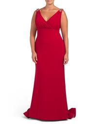 Plus V-neck Gown With Jeweled Shoulders