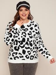 Plus Drop Shoulder Leopard Sweater
