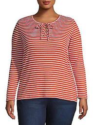 Cutout Lace-Up Ribbed Striped Top