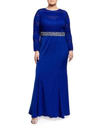 Plus Size Jersey Lace Long-Sleeve Embellished Trumpet Gown