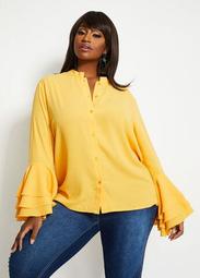 Tiered Flare Sleeve Button-Up Top