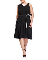 Plus Size Fold Over Belted Fit-and-Flare Midi Dress