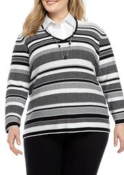 Plus Size Striped 2Fer Sweater with Detachable Necklace